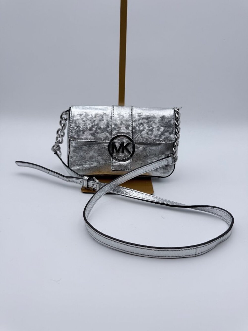 Michael Kors Women's Silver Metallic Crossbody Bag Chain Strap Logo Accent Small